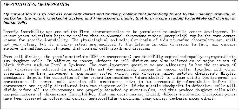 Text Box: DESCRIPTION OF RESEARCH
My current focus is to address how cells detect and fix the problems that potentially threat to their genetic stability, in particular, the mitotic checkpoint system and kinetochore proteins, that form a core scaffold to facilitate cell division in human cells.
Genetic instability was one of the first characteristics to be postulated to underlie cancer development. In recent years scientists began to realize that an abnormal chromosome number (aneuploidy) may be the more common reason for genetic instability. The physiological and molecular basis of this pervasive abnormality are still not very clear, but to a large extent are ascribed to the defects in cell division. In fact, all cancers involve the malfunction of genes that control cell growth and division. 

When cell divides, the genetic materials (DNA or chromosomes) are faithfully copied and equally segregated into two daughter cells. In addition to cancer, defects in cell division are also believed to be major causes of birth defects such as Down’s Syndrome. The most important question we are addressing is how the accuracy of cell division is achieved in normal cells and why aneuploidy happens in cancer cells. Together with other scientists, we have uncovered a monitoring system during cell division called mitotic checkpoint. Mitotic checkpoint detects the connection of the separating machinery (microtubules) to unique points (centromeres) on chromosomes. In normal cell division all centromeres have to be connected by microtubules before the chromosomes are equally distributed into two daughter cells. If the mitotic checkpoint is defective, cells will divide before all the chromosomes are properly attached by microtubules, and thus produce daughter cells with unequal numbers of chromosomes (aneuploidy), that can cause cancer. Indeed, defects in mitotic checkpoint genes have been observed in colorectal cancer, hepatocellular carcinoma, lung cancer, leukemia among others.
 
